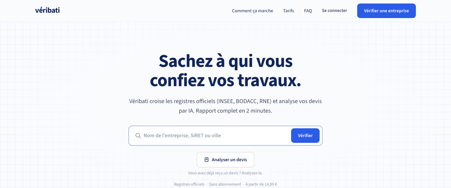 Page d'accueil de Véribati : vérification d'entreprises du bâtiment